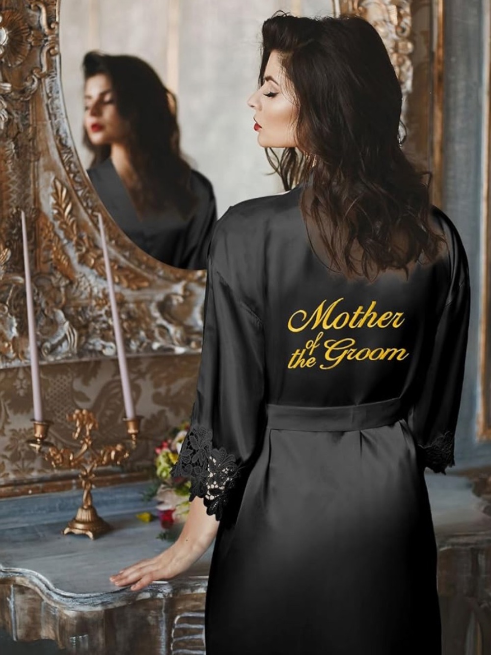 Black Satin Lace-Trim "Mother of the Groom" Kimono Robe - Size XXL